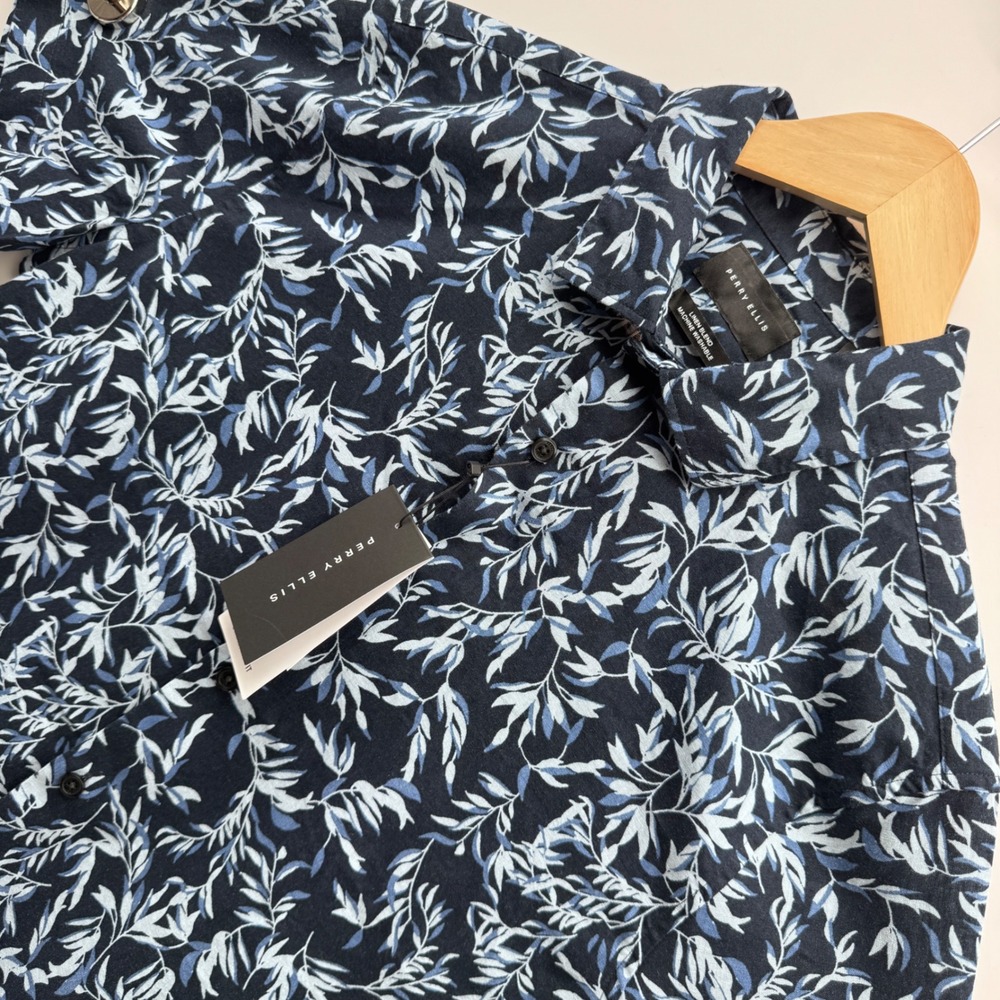 Perry Ellis Button Down Shirt Mens M Blue Dark Sapphire Leaf Print Linen Blend